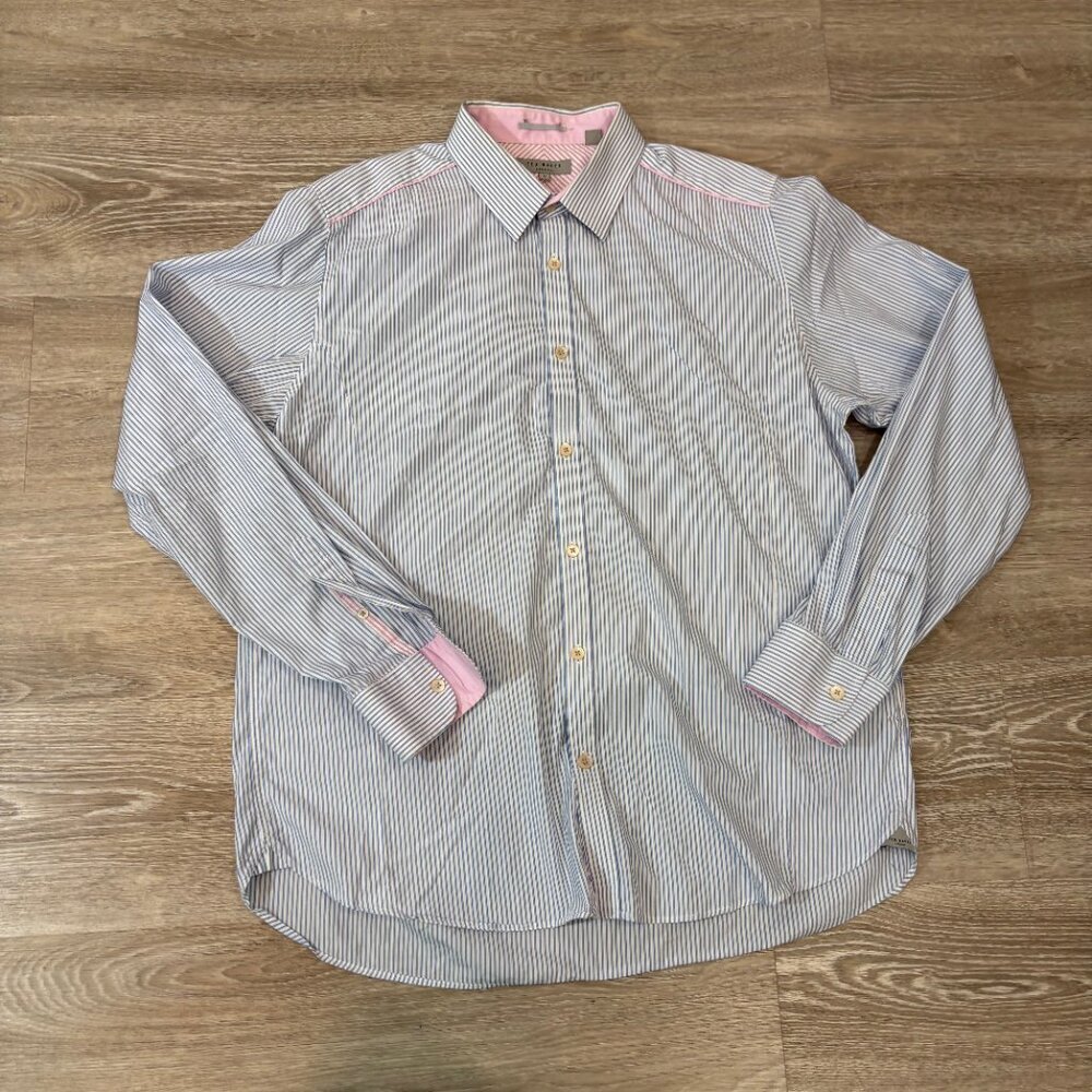 Ted Baker Mens Cotton Blue Striped Shirt Classic Buttons Up Shirt sz 5 or L
